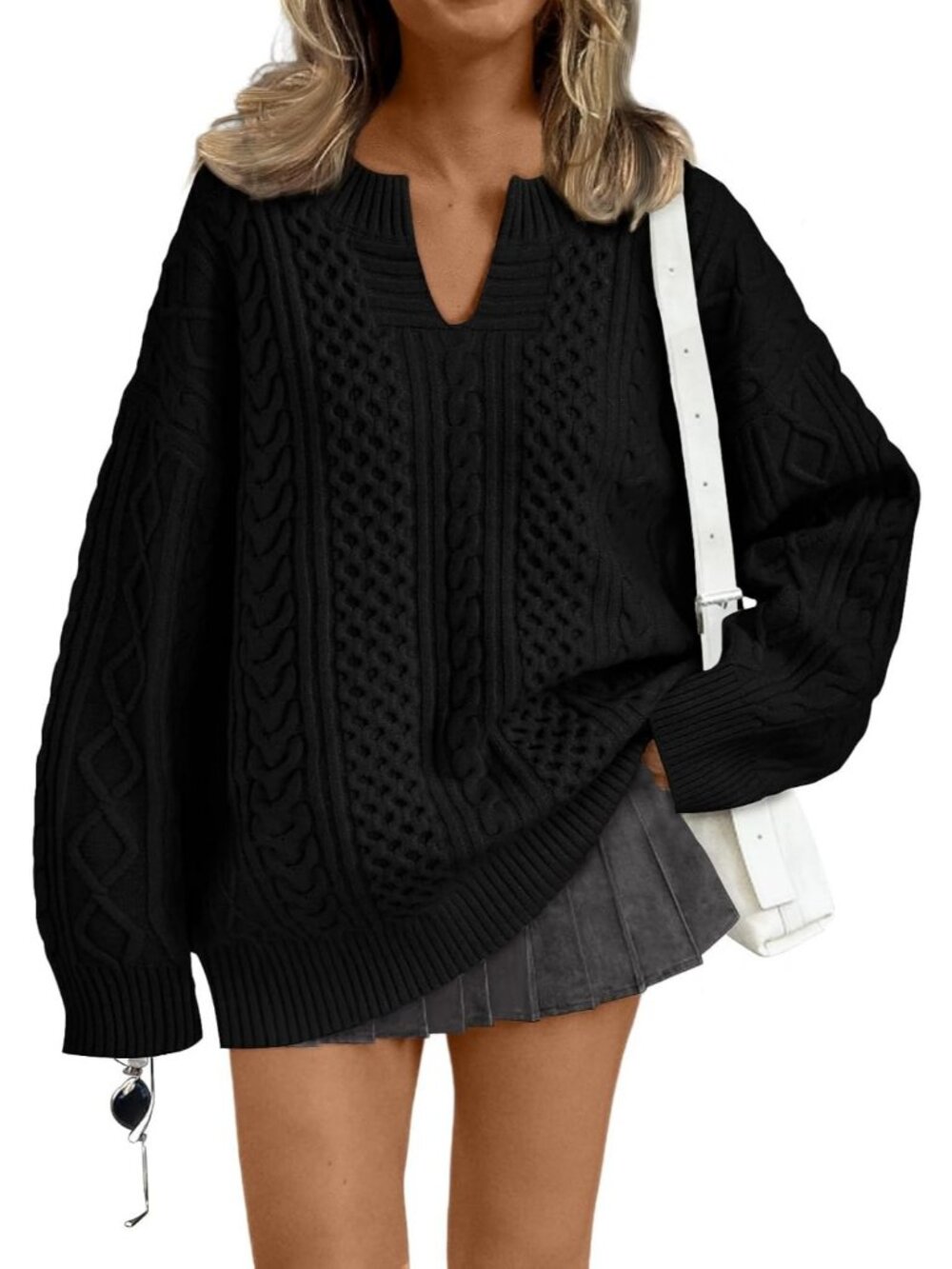 Women's Black V Neck Fall Fashion Oversized Cable Knit Fall Outfits Sweaters